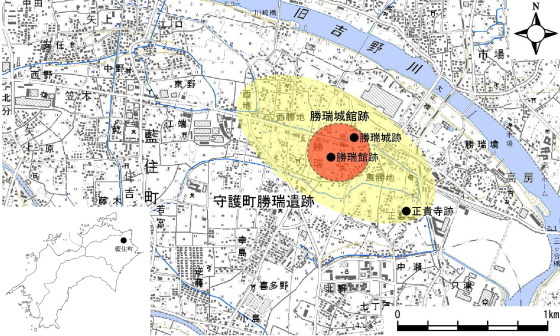 徳島県の藍住町にある勝瑞の場所を示す地図